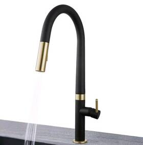 Akdy 810067991520 Easy-install Single-handle Pull-down Sprayer Kitchen Faucet Black/gold
