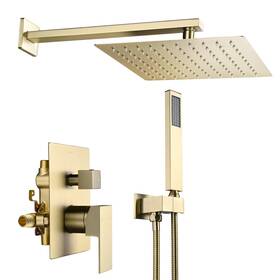 W81fcs001-10in2f-bg Aquaterior Shower Faucet Set Wall Mount Concealed Mixer Valve Rain Gold