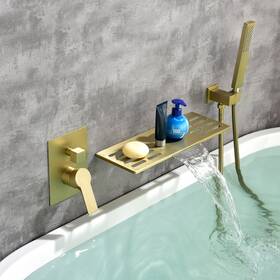 Awztoo 752790732141 Wall Mount Bathtub Faucet With Handheld Shower Waterfall Tub Brushed Gold