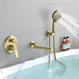 Awztoo 767077595395 Wall Mounted Tub Filer With Hand Shower Single Handle Brushed Gold