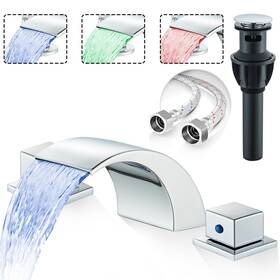 Bwe 630174395093 Chrome Led Bathroom Sink Faucet 3 Hole 8 Inch Widespread Vanity Mixer With Drain