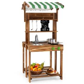 Hcst07335 Costway Double-sided Mud Kitchen With Canopy Chalkboard Sink And Faucet Cooking Accessories