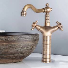 Danluolan 691107464040 Antique Brass Gooseneck Basin Faucet 360 Swivel Dual-handle Deck Mounted