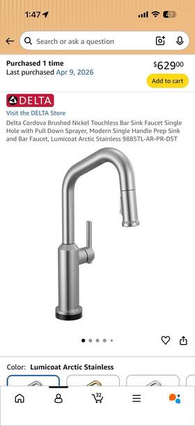 9885tl-ar-pr-dst Delta Faucet Company Cordova Brushed Nickel Touchless Bar Sink Pull Down Single Handle