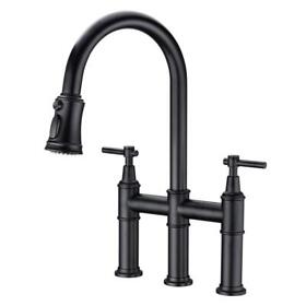 H01ltsk033 Double Handle Bridge Kitchen Faucet Gooseneck And Pull-down Sprayer Matte Black