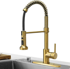 Hoimpro Brushed Gold High Arc Spring Kitchen Faucet With Pull Down