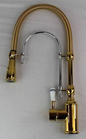 J020721-gold-chromec01 Homary High Arc Dual Mode Pull-down Faucet With Porcelain Handle - Gold/chrome