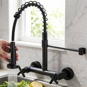 Top260319 Hurran Wall Mount Kitchen Sink Faucet Black 8 Inch 2 Handle Commercial Pull Down Mixer