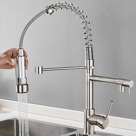 Joyshower Joy0530 Brushed Kitchen Sink Faucet Pull Down Sprayer 1 Hole Swivel Dual Spout Mixer Tap