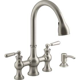 R21070-sd-vs Kohler Capilano 2-handle Bridge Pull-down Kitchen Faucet In Vibrant Stainless