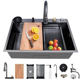 Longhuo 769115821367 Stainless Steel Drop-in Waterfall Kitchen Sink With Faucets Basins Rinser Board