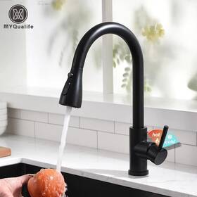 Jn726 Myqualife Black Pull Out Kitchen Sink Faucet Deck Mounted Stream Sprayer Mixer