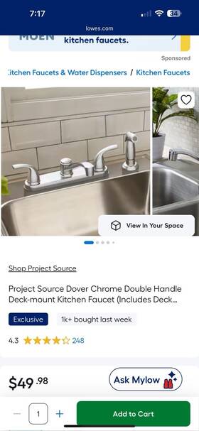 1159011 Project Source Dover Kitchen Faucet Chrome 2 Handle Deck Mount Side Sprayer