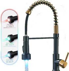 Royshower Roy20260604 Led Kitchen Sink Faucet Pull Down Sprayer Single Handle 1 Hole Mixer Black Gold