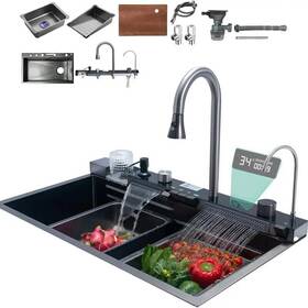 8sc-qhgq4tz Senlesen 30x18 Inch Two Waterfall Smart Kitchen Sink With Digital Display Pull-out Faucet