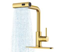 Tohlar 732122151598 Gold Kitchen Faucet Waterfall With Pull Down Sprayer 3 Mode