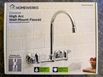 New Homewerks Chrome High Arc Wall-mount 2-HANDLE Gooseneck Spout Faucet. Fixed Price $58.49.