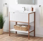 New Matte White 32" Bisbee Console Vanity - With Warm Oak Frame By Signature. Fixed Price $1199.95.