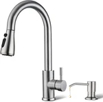 Brushed Nickel Kitchen Faucet With Soap Dispenser & Pull Down Sprayer. Fixed Price $62.99.