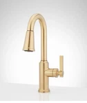 Signature Hardware Greyfield Single Hole Pull Down Bar Faucet Brushed Gold. Fixed Price $350.00.
