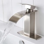 Bwe Waterfall Spout Brushed Nickel Single Handle Bathroom Sink Faucet Deck Mount. Fixed Price $25.99.