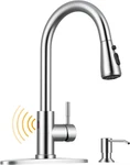 Touchless Kitchen Faucet With Soap Dispenser & Pull Down Sprayer, Brushed Nickel. Fixed Price $216.99.