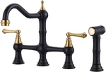 Elegant Black And Gold Bridge Kitchen Faucet With Sprayer - 4 Hole Design. Fixed Price $283.99.