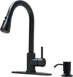 Sleek Black Stainless Steel Kitchen Faucet With Soap Dispenser & Escutcheons. Fixed Price $124.99.