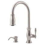 Pfister Hanover 1-HANDLE Pull-down Kitchen Faucet With Soap Dispenser, Stainless. Fixed Price $253.91.