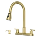 Appaso 4 Hole Kitchen Faucet Pull Down Sprayer, Dual Handle Brushed Gold. Fixed Price $92.39.