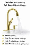 Kohler 1PREC26448-SD-2MB-AA Brushed Gold Pull-down Kitchen Faucet W/ Soap. Fixed Price $129.99.