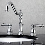 Kingston Brass Wilshire Two-handle 3-HOLE Deck Mount Widespread Bathroom Faucet. Fixed Price $140.00.