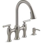 Kohler Oresund Vibrant Stainless 2-HANDLE High-arc Kitchen Faucet Sprayer Funcet. Fixed Price $299.99.