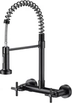 Matte Black Wall Mount Kitchen Faucet With Pull Down Sprayer, 2 Handles. Fixed Price $133.99.