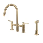 Bwe Brushed Gold Bridge Kitchen Faucet With Side Sprayer Solid Brass 4-HOLE. Fixed Price $77.99.