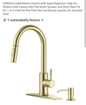 Forious Pro Kitchen Faucet Single Handle, Pull Down, Gold + Soap Dispenser. Fixed Price $20.00.