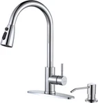 High Arc Chrome Kitchen Faucet With Soap Dispenser - Pull Down, 2/4 Hole. Fixed Price $100.99.