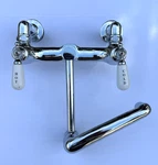 Vtg Chicago Faucet Articulated Dual Swivel Spout, Deck Mount, Porcelain Handles. Fixed Price $495.00.