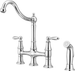 Pfister Courant Two Handle Bridge Kitchen Faucet W/ Side Spray, Polished Chrome. Fixed Price $119.00.
