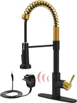 Touchless Black & Gold Kitchen Faucet With Motion Sensor Pull Down Sprayer. Fixed Price $333.99.