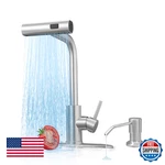 Kitchen Faucet W/ Pull Down Sprayer, Waterfall, Soap Dispenser, Stainless Steel. Fixed Price $54.38.
