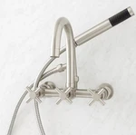 Signature Hardware Sebastian Gooseneck Tub Faucet W/ Hand Shower Brushed Nickel. Fixed Price $150.00.
