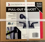 Js Jackson Supplies Dual Handle Pull Out Faucet, Black Finish, 4 Inch Center Set. Fixed Price $18.00.
