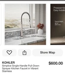 Kohler Simplice Kitchen Sink Faucet Vibrant Stainless (K-22033-VS). Fixed Price $400.00.