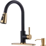 Black & Gold High Arc Kitchen Faucet With Soap Dispenser For Sink Bar. Fixed Price $100.99.