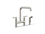 Kohler Purist 7548-4-SN Two-hole Bridge Kitchen Faucet Side Sprayer -slight Wear. Fixed Price $628.04.