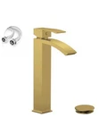 Greenspring Brushed Gold Vessel Waterfall Faucet, Single Lever, Pop Up Drain. Fixed Price $62.99.