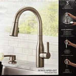 Delta Marca Pull-down Sprayer Kitchen Faucet With Shield Stainless. Fixed Price $150.00.