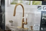 Glacier Bay Paulina Brushed Gold Kitchen Faucet W/ 360 Swivel Spout Soap Disp. Fixed Price $72.85.